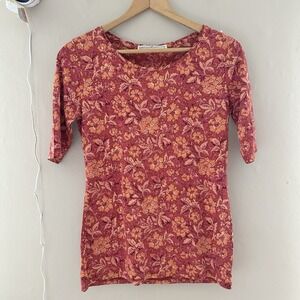 Peruvian Connection Womens Floral Shirt Size XS Pink Orange Boho Pima Cotton
